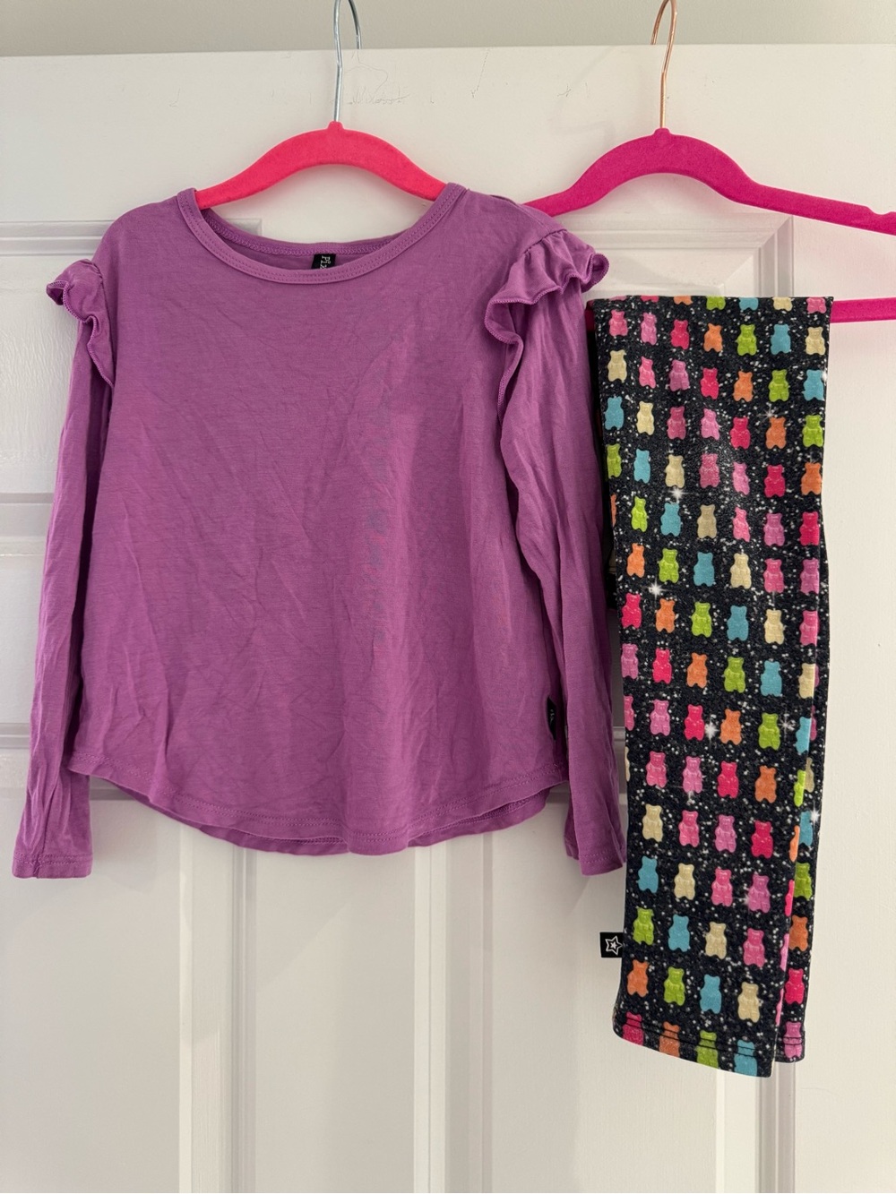 Pixielane Girls Purple Ruffle Long Sleeve Top with Colorful Patterned Leggings